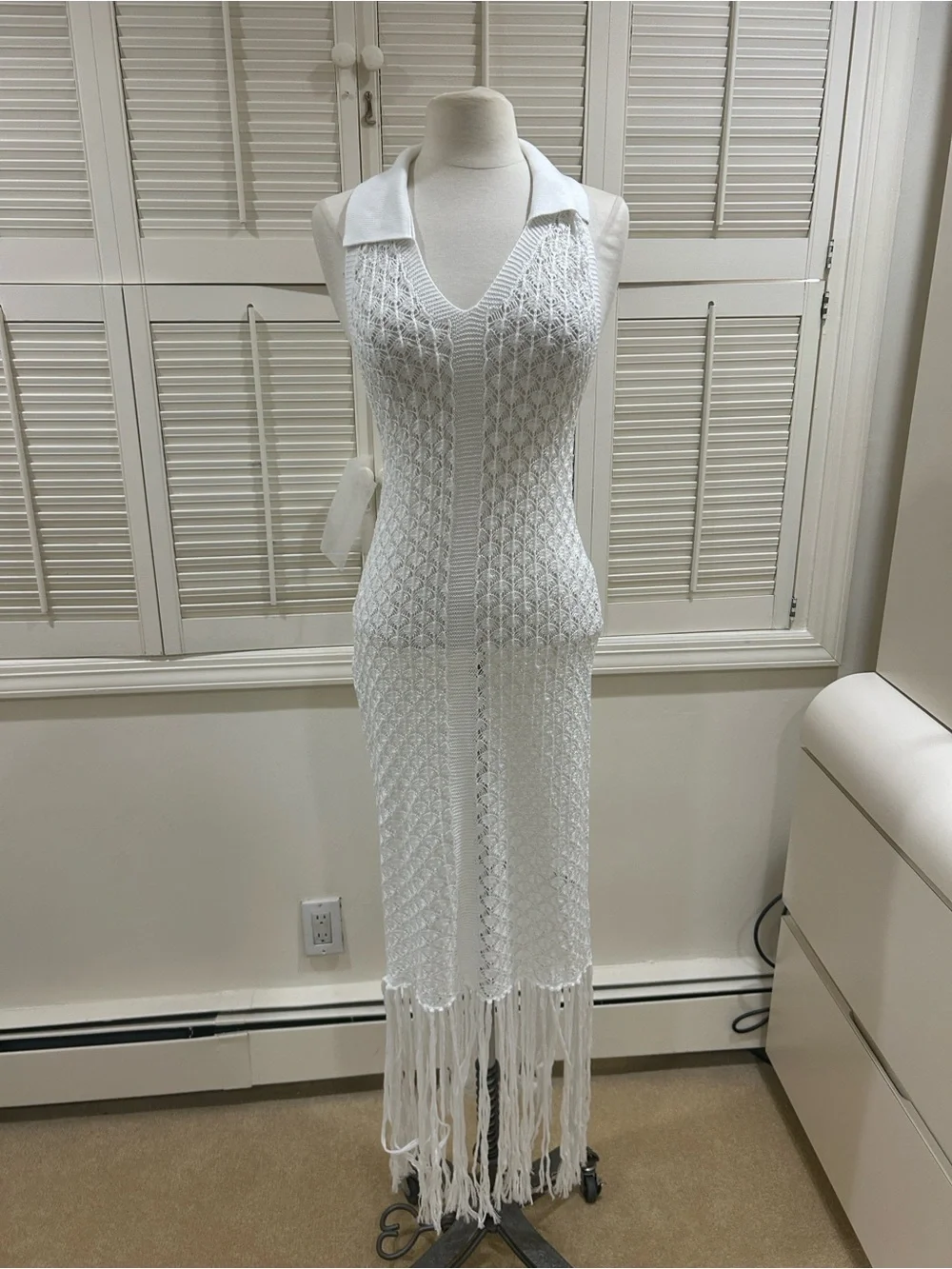 New White Crochet Fringe Maxi Dress Cover up with Collared V-Neck